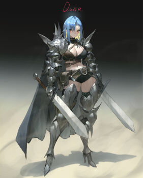 Rule 34 | 1girl, absurdres, armor, arowana2111, belt, belt pouch, black shorts, blonde hair, blue hair, breasts, brown belt, brown eyes, closed mouth, colored inner hair, commentary, contrapposto, couter, crop top, cuisses, dated commentary, dual wielding, english commentary, english text, full body, gauntlets, gradient background, greaves, highres, holding, holding sword, holding weapon, large breasts, looking at viewer, medium hair, midriff, multicolored hair, navel, original, pauldrons, poleyn, pouch, sabaton, short shorts, shorts, shoulder armor, solo, standing, sword, two-tone hair, weapon