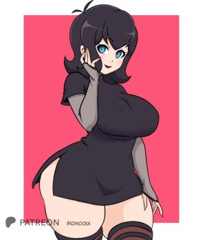 1girl antenna_hair black_dress black_gloves black_hair black_lips black_theme black_thighhighs blue_eyes blush breasts dress fingerless_gloves gloves goth_fashion hand_on_own_cheek hand_on_own_face hotel_transylvania large_breasts lipstick looking_at_viewer makeup mavis_dracula momocka-art short_hair short_sleeves smile standing striped_clothes striped_thighhighs thick_thighs thighhighs thighs vampire white_background wide_hips