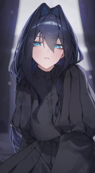 1girl absurdres black_dress blue_eyes blue_hair blurry blurry_background braid breasts commentary double-parted_bangs dress earrings hair_between_eyes hair_intakes highres hololive hololive_english indoors jewelry juliet_sleeves large_breasts long_dress long_hair long_sidelocks long_sleeves looking_at_viewer low_twin_braids official_alternate_costume official_alternate_hairstyle ouro_kronii ouro_kronii_(maid) paid_reward_available parted_lips puffy_sleeves sidelocks solo twin_braids virtual_youtuber yoellim5