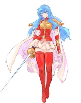 1girl armor blue_eyes blue_hair boots bracelet breastplate breasts cape closed_mouth eirika_(fire_emblem) fingerless_gloves fire_emblem fire_emblem:_the_sacred_stones full_body gloves herdwicoco highres holding holding_sword holding_weapon jewelry long_hair looking_at_viewer medium_breasts nintendo pauldrons rapier red_boots red_gloves red_shirt shirt short_sleeves shoulder_armor skirt solo sword thigh_boots thighs very_long_hair weapon white_background white_cape white_skirt