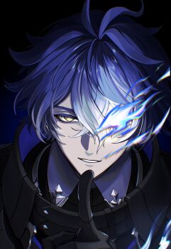 1boy absurdres black_background black_gloves black_jacket blue_hair commentary_request crossed_bangs double-parted_bangs flins_(genshin_impact) genshin_impact gloves hair_between_eyes highres index_finger_raised jacket male_focus parted_lips portrait shirt simple_background smile solo yugo_(yugonm222)