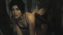 1girl 3boys 3d animated clothed_sex dark-skinned_male dark_skin doggystyle group_sex head_out_of_frame hetero highres interracial lara_croft large_penis leeterr multiple_boys penis sex sex_from_behind sound tagme tomb_raider tomb_raider_(reboot) video