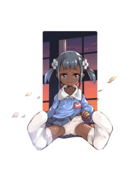 1girl bindi black_hair blue_eyes dark-skinned_female dark_skin female_focus foreshortening kindergarten_uniform loli lowres omunikin original panties sitting skirt smile socks solo transparent_background underwear