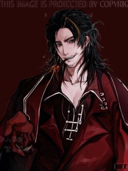 Rule 34 | 1boy, beard stubble, black hair, cigar, commentary request, diandao210046, embers, facial hair, fire, furrowed brow, gloves, gold trim, hair slicked back, head tilt, highres, jacket, jacket on shoulders, lei heng (project moon), limbus company, looking at viewer, male focus, mullet, outstretched hand, project moon, red gloves, red jacket, red vest, single hair streak, smirk, smoking, solo, stubble, upper body, vest