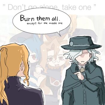 1girl 3boys angry animal_ears black_hair blonde_hair blue_hair blush_stickers boater_hat cape capelet carrying carrying_under_arm cat_boy cat_ears ciel_(tsukihime) collared_capelet commentary_request edmond_dantes_(fate) fang fate/grand_order fate_(series) fox_boy fox_ears fox_tail glasses hair_over_one_eye hair_slicked_back long_hair meme michael_roa_valdamjong michael_roa_valdamjong_(human) multiple_boys multiple_persona pointing pointing_at_another possessed priest red_eyes roa-ciel shirt short_hair sketch smile tail tarantella_(fate) tsukihime tsukihime_(remake) vampire white_shirt wholelottalovi1