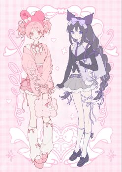 Rule 34 | 2girls, akemi homura, alternate costume, bag, black hair, bow, bow legwear, braid, collared shirt, commentary, cosplay, detached sleeves, grey skirt, hair bow, handbag, highres, kaname madoka, kuromi, kuromi (cosplay), leg warmers, long hair, looking at viewer, mahou shoujo madoka magica, midriff, multiple girls, my melody, my melody (cosplay), neck ribbon, necktie, onegai my melody, peachuu, pink bow, pink eyes, pink hair, pink ribbon, purple bow, purple eyes, purple necktie, ribbon, sanrio, shirt, short hair, short twintails, skirt, smile, socks, symbol-only commentary, twin braids, twintails, white socks