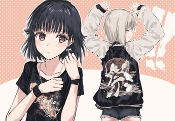 ! !! 2girls aoba_moca arms_up bang_dream! bang_dream!_girls_band_party! bat_earrings black_hair black_jacket black_shirt black_shorts brown_eyes chain chain_necklace closed_eyes clothes_writing collarbone commentary earrings english_text glint grey_hair highres jacket jewelry letterman_jacket medium_hair multiple_girls necklace orange_background pointing_with_thumb polka_dot polka_dot_background profile shirt short_hair short_shorts shorts single_earring translation_request ushigome_rimi white_sleeves yukitake_(bullfalk)