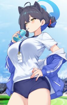 1girl absurdres ankomochi142 black_hair blue_archive blue_buruma blue_hair blue_halo blue_jacket blue_sky blurry blurry_background blush breasts buruma cloud commentary_request cup day drinking_straw drinking_straw_in_mouth halo hand_on_own_hip highres holding holding_cup jacket kaguya_(blue_archive) lanyard large_breasts long_sleeves multicolored_hair outdoors shirt short_hair sky solo standing thighs track_jacket two-tone_hair white_shirt yellow_eyes