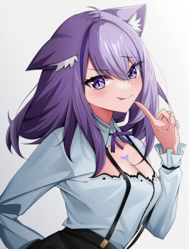 1girl absurdres ahoge animal_ear_fluff animal_ears black_skirt blush breasts cat_ears cat_girl closed_mouth commentary_request highres hololive large_breasts medium_hair multicolored_hair nekomata_okayu nekomata_okayu_(wonderland) official_alternate_costume purple_eyes purple_hair purple_streaks shirt skirt smile solo streaked_hair suspender_skirt suspenders tenpa_illust tongue tongue_out virtual_youtuber white_background white_shirt