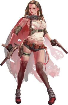 1girl alison_(crystal_maidens) artist_request asymmetrical_dual_wielding bad_source bare_shoulders belt black_gloves breasts brown_eyes brown_hair crystal_maiden_(series) dual_wielding earrings floral_print full_body game_cg gloves gun handgun highres holding jewelry micro_shorts navel official_art shorts solo suppressor third-party_source transparent_background variant_set weapon whip