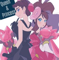 2girls alternate_color bare_shoulders black_dress black_gloves blue_eyes brown_hair diancie diantha_(pokemon) diantha_(sygna_suit)_(pokemon) dress earrings gen_6_pokemon gloves high_ponytail hilda_(pokemon) hilda_(special_costume)_(pokemon) hime_(himetya105) jewelry legendary_pokemon long_hair looking_at_another multiple_girls mythical_pokemon nintendo official_alternate_costume pink_dress pokemon pokemon_(creature) pokemon_masters_ex ponytail shiny_and_normal shiny_pokemon short_hair smile white_background