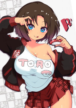 1girl black_jacket blue_eyes breasts brown_hair cleavage contrapposto cowboy_shot elma_(maidragon) food gradient_hair highres holding holding_food jacket kobayashi-san_chi_no_maidragon large_breasts long_sleeves looking_at_viewer miniskirt multicolored_hair nail_polish off_shoulder open_clothes open_jacket plaid_clothes plaid_skirt pleated_skirt red_nails red_skirt reiwa_rerere shirt short_hair skirt solo sushi tan tongue tongue_out white_shirt