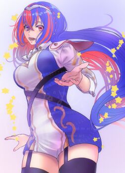 Rule 34 | 1girl, black thighhighs, blue eyes, blue hair, braid, breasts, commentary, crossed bangs, crown braid, female alear (fire emblem), fire emblem, fire emblem engage, garter straps, hair between eyes, heterochromia, highres, large breasts, long hair, long sleeves, looking at viewer, multicolored hair, nekoyashiki 08, nintendo, official alternate costume, open mouth, reaching, reaching towards viewer, red eyes, red hair, romper, skindentation, smile, solo, split-color hair, star (symbol), symbol-only commentary, thick thighs, thighhighs, thighs, tiara, two-tone hair, very long hair