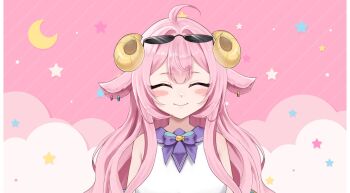 1girl ^_^ ahoge animal_ears bare_shoulders blush blush_stickers bow bowtie closed_eyes closed_mouth crescent crescent_moon curled_horns ear_piercing eyewear_on_head facing_viewer hair_between_eyes highres horns jewelry long_hair moon original oyasumiipanpan piercing pink_background pink_hair purple_bow sheep_ears sheep_girl sheep_horns shirt sleeveless sleeveless_shirt smile solo sunglasses upper_body virtual_youtuber white_shirt