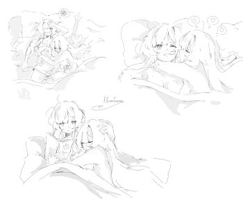 2girls absurdres arms_around_neck blush breasts camisole closed_eyes columbina_(genshin_impact) commentary cuddling english_commentary genshin_impact greyscale hand_on_another's_head heart highres hug kitsunetenma large_breasts monochrome multiple_girls reading sandrone_(genshin_impact) sleeping spoken_heart spoken_squiggle squiggle sweat under_covers yuri