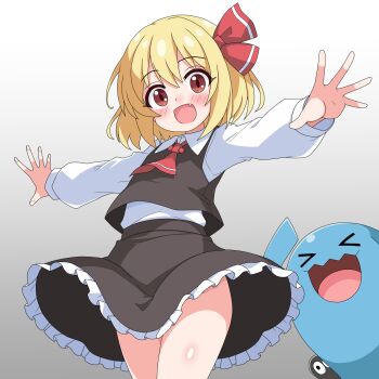 1girl :d blonde_hair blush bow brown_eyes collared_shirt commentary_request crossover embodiment_of_scarlet_devil fang frilled_skirt frills gen_2_pokemon grey_background hair_bow happy highres long_sleeves looking_at_viewer looking_down medium_hair nintendo open_mouth outstretched_arms pokemon pokemon_(creature) red_bow rumia sakuzo shiny_skin shirt skirt smile spread_fingers touhou vest white_shirt wobbuffet