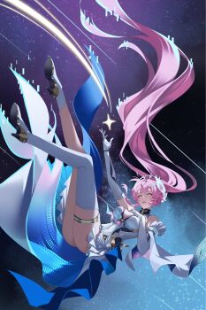 Rule 34 | 1girl, aemeath (wuthering waves), asymmetrical legwear, bare shoulders, boots, breasts, commentary, covered navel, elbow gloves, gloves, hand on own chest, hashtag-only commentary, high heel boots, high heels, highres, i a n, jewelry, large breasts, leotard, long hair, open mouth, pink hair, single thigh boot, skirt, sky, smile, solo, star (sky), starry sky, thigh boots, thighlet, thighs, uneven legwear, very long hair, white gloves, white leotard, white skirt, wuthering waves, yellow eyes