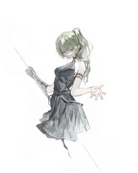 Rule 34 | 1girl, absurdres, armband, belt, black dress, black gloves, breasts, cropped legs, dress, gloves, green hair, highres, holding, holding staff, kanji (nievart), looking at viewer, ponytail, purple eyes, sideboob, sidelocks, smile, solo, sousou no frieren, staff, ubel (sousou no frieren), waving