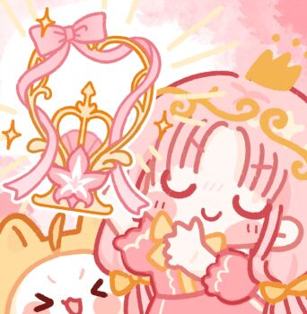 &gt;_&lt; 1girl animal blunt_bangs blush_stickers bow bowtie cat center_frills cherry_blossoms chibi chinese_commentary circlet closed_eyes closed_mouth clothed_animal commentary_request cowboy_shot crown day ear_covers emphasis_lines frills gold_crown hair_bow happy highres hood hood_up infinity_nikki long_hair low_twintails mini_crown momo_(nikki) nikki_(nikki) nikki_(series) open_mouth outdoors parted_bangs pink_hair pink_shirt pink_skirt shirt skirt skirt_set sky smile sparkle tree trophy twintails variant_set very_long_hair white_cat white_sky yanxie_(lofter_926943) yellow_bow yellow_bowtie yellow_hood