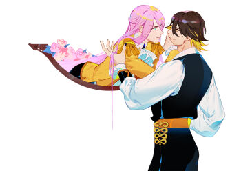 2boys ascot black_pants black_vest braid brown_hair closed_mouth commentary_request epaulettes flower green_eyes hachisuka_kotetsu hair_between_eyes hair_flowing_over jacket long_hair long_sleeves looking_at_another male_focus multiple_boys nagasone_kotetsu ncww_rinichi orange_eyes pants pink_flower pink_hair pink_rose puffy_sleeves rejected_kiss rose shirt short_hair simple_background sparse_stubble touken_ranbu vest white_ascot white_background white_shirt yaoi yellow_jacket