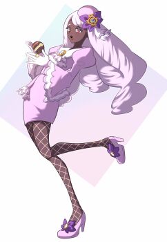 1girl ascot blush breasts dark-skinned_female dark_skin dress fascinator fishnet_pantyhose fishnets frilled_ascot frills gloves gold_ring hair_ornament high_heels highres holding holding_poke_ball jacinthe_(pokemon) juliet_sleeves long_hair long_sleeves looking_at_viewer low_drills luxury_ball mega_stone nintendo open_mouth pantyhose poke_ball pokemon pokemon_legends:_z-a puffy_sleeves purple_dress purple_eyes purple_hair smile solo teeth tori_(torisan_pokemon) upper_teeth_only very_dark_skin white_gloves