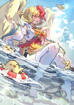 1girl alternate_costume bird blonde_hair chicken chinese_commentary closed_eyes commentary_request commission detached_sleeves feathered_wings highres niwatari_kutaka no_shoes outdoors red_hair short_hair shouxishao_jiuyuan smile solo swim_ring thighhighs touhou touhou_lostword water white_thighhighs wide_sleeves wings yellow_wings