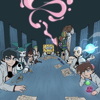 1girl 6+boys aang artist_name avatar:_the_last_airbender avatar_legends beam_gun black_eyes black_hair bleach blue_eyes brown_hair buck_teeth chair coat commentary crossed_arms danny_fenton danny_phantom darent_z donatello_(tmnt) drill energy_ball english_commentary english_text green_hair gun headband highres holding holding_gun holding_weapon hole_in_chest hole_on_body jenny_wakeman jimmy_neutron jimmy_neutron_(series) konohagakure_symbol leonardo_(tmnt) looking_at_viewer michelangelo_(tmnt) multiple_boys my_life_as_a_teenage_robot nickelodeon one_piece paper parody raphael_(tmnt) robot roronoa_zoro rugrats sitting sparkle spiked_hair spongebob_squarepants spongebob_squarepants_(series) sweatdrop teeth the_fairly_oddparents timmy_turner tommy_pickles wanted_poster weapon whistle white_coat