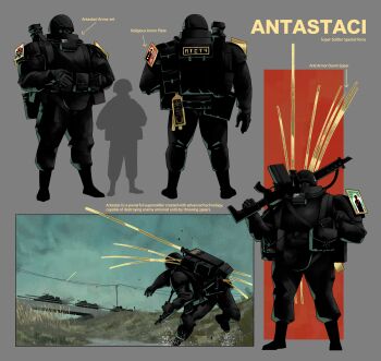 Rule 34 | 1boy, absurdres, ammunition pouch, assault rifle, black boots, blue sky, boots, bridge, bulletproof vest, coop soggy, english text, gas mask, gun, gun sling, height difference, helmet, highres, icon (religion), javelin (spear), mask, military vehicle, motor vehicle, object focus, original, pouch, rifle, silhouette, size difference, sky, tank, throwing, weapon