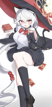 1girl absurdres animal_ear_fluff animal_ears black_robe black_socks blue_archive blush book breasts card cat_ears cat_girl cat_tail collared_shirt commentary_request eri_(blue_archive) hair_between_eyes hair_ornament hat highres large_breasts long_hair long_sleeves looking_at_viewer no_ra339 open_mouth orange_eyes paw_pose pleated_skirt robe shirt simple_background sitting skirt socks solo tail tilted_halo very_long_hair white_background white_hair white_shirt witch_hat