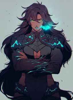 1girl artist_request black_hair breasts breath claws crossed_arms dark-skinned_female dark_skin determined energy facing_viewer female_focus glowing godzilla godzilla_(series) hair_between_eyes highres large_breasts long_hair looking_at_viewer monster_girl parted_lips personification serious solo standing teeth toho yellow_eyes