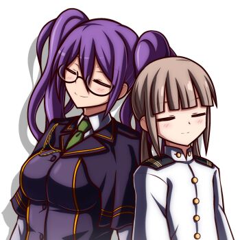 1boy 1girl atlas_academy_uniform blush breasts captain_nemo_(fate) closed_eyes fate/grand_order fate_(series) glasses green_necktie grey_hair highres large_breasts necktie nemo_(fate) purple_hair purple_shirt sailor sakurello shirt sion_eltnam_(type-moon) sion_eltnam_sokaris smile twintails