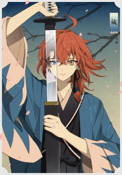 1boy 1girl ahoge arm_up black_hair black_hakama black_kimono black_ribbon blue_eyes blue_haori blurry border branch closed_mouth commentary crossed_bangs curtained_hair depth_of_field drawing_sword dullnoko falling_petals fate/grand_order fate_(series) fujimaru_ritsuka_(female) fujimaru_ritsuka_(female)_(teal_uniform) fujimaru_ritsuka_(male) fujimaru_ritsuka_(male)_(teal_uniform) grey_border hair_between_eyes hair_ribbon hakama hand_up haori highres holding holding_sheath holding_sword holding_weapon japanese_clothes katana kimono lips long_sleeves looking_at_viewer low_ponytail medium_hair orange_hair parted_bangs petals ponytail reflective_weapon ribbon sheath shinsengumi signature straight-on sword symbol-only_commentary upper_body weapon wide_sleeves yellow_eyes