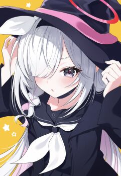 1girl adapted_costume black_choker black_coat black_hat black_sailor_collar black_serafuku black_shirt blue_archive blunt_bangs blush braid choker coat colored_inner_hair commentary eyelashes frown grey_eyes hair_over_one_eye halloween_costume halo hand_on_headwear hands_up hat highres long_bangs long_hair long_sleeves looking_at_viewer multicolored_hair neckerchief one_eye_covered open_clothes open_coat open_mouth orange_background pineap000 pink_hair plana_(blue_archive) red_halo red_pupils sailor_collar school_uniform serafuku shirt simple_background single_braid solo star_(symbol) straight_hair upper_body v-shaped_eyebrows very_long_hair white_hair white_neckerchief wide_sleeves witch witch_hat