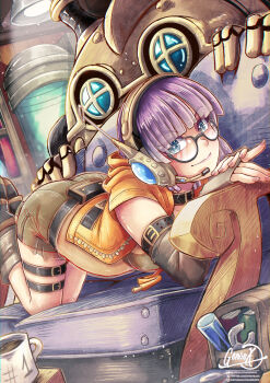 1girl 1other ass blue_eyes blunt_bangs bob_cut brown_shorts chrono_trigger commentary couch cropped_jacket english_commentary fingernails gensox glasses headset indoors instagram_username jacket looking_at_viewer lucca_ashtear on_couch orange_jacket patreon_username pink_nails purple_hair robo_(chrono_trigger) robot short_hair shorts signature twitter_username