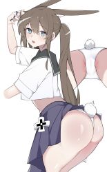 Rule 34 | 1girl, amiya (arknights), animal ears, aqua eyes, arknights, arm up, ass, black sailor collar, bright pupils, brown hair, cameltoe, chinese commentary, commentary request, cropped shirt, hair between eyes, highres, jewelry, leaning back, light blush, long hair, looking at viewer, multiple views, open mouth, panties, pleated skirt, purple skirt, pussy juice, rabbit ears, rabbit girl, rabbit tail, ring, sailor collar, shirt, short sleeves, simple background, skirt, tail, turning head, twilight (cgkk4357), twitching, underwear, white background, white panties, white pupils, white shirt, white tail