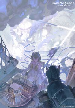 1girl absurdres animal_ears black_hair blue_eyes blurry blurry_background book bookshelf box cat cat_ears chair chimney clockwork collar crossed_bangs cyborg desk_lamp detached_sleeves dress factory fake_animal_ears flying from_above gears gift gift_box grey_cat hair_between_eyes highres industrial_pipe lamp layered_sleeves machine mechanical_hands metal_skin mooofoo on_chair original red_pupils roman_numeral science_fiction short_hair signature simple_bird sitting sleeveless sleeveless_dress smoke smoke_trail solo steampunk strapless strapless_dress typewriter typing watermark weibo_username weibo_watermark white_cat white_collar white_dress white_sleeves wide_shot wide_sleeves