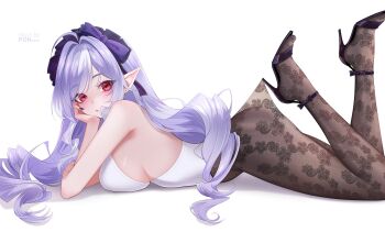 1girl ahoge alternate_costume artist_name bare_shoulders black_pantyhose blush bow breasts commentary from_side hair_bow hair_intakes head_rest high_heels highres lace_pantyhose_hooked_on_heel_(meme) large_breasts long_hair looking_at_viewer lying meme on_stomach open-toe_shoes pantyhose pointy_ears pr_ponnyan purple_bow purple_hair purple_shoes red_eyes shoes sidelocks simple_background solo vivian_banshee white_background zenless_zone_zero
