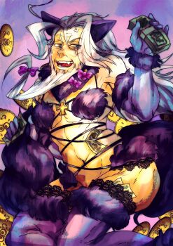 1boy anger_vein animal_ears beard blue_eyes cat_ears christopher_columbus_(fate) coin cosplay cross crossdressing crossdressing_(mtf) elbow_gloves facial_hair fang fate/grand_order fate_(series) gloves gold_coin grey_facial_hair grey_hair highres holding holding_money kneeling lace lace-trimmed_legwear lace_trim long_beard long_hair male_focus mash_kyrielight mash_kyrielight_(dangerous_beast) mash_kyrielight_(dangerous_beast)_(cosplay) money navel old old_man purple_background purple_gloves purple_thighhighs solo tail teeth thighhighs tucked_money zel_(zelgatd)