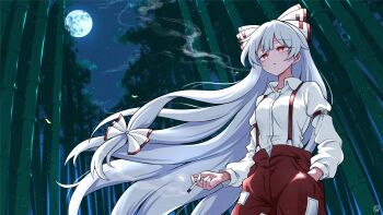 1girl arm_belt bamboo bamboo_forest bow breasts cigarette collared_shirt forest fujiwara_no_mokou full_moon hair_bow hand_in_pocket highres holding holding_cigarette long_hair long_sleeves moon multiple_hair_bows nature night night_sky outdoors pants parted_lips red_bow red_eyes red_pants red_suspenders red_trim scavia10 shirt sky small_breasts smoke smoke_trail smoking star_(sky) suspenders touhou two-tone_bow very_long_hair white_bow white_hair white_shirt