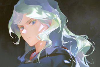 Rule 34 | 1girl, black robe, blue eyes, chinese commentary, closed mouth, commentary request, diana cavendish, frown, green hair, grey background, hood, hood down, hooded robe, little witch academia, long hair, looking at viewer, ombre, portrait, robe, solo