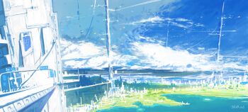 absurdres atmospheric_perspective blue_sky bridge building cityscape cloud cloudy_sky day feitu233 highres lake mountainous_horizon no_humans original outdoors scenery shore sky skyline