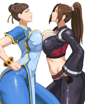2girls akiman_pose black_gloves black_pants blue_pants bracelet breast_press breasts capcom chinese_clothes chun-li clash_of_breasts_(meme) cleavage cropped_jacket crossover double_bun eye_contact eyeshadow fatal_fury fatal_fury:_city_of_the_wolves gloves hair_bun hands_on_own_hips highres jewelry looking_at_another makeup motoyui multiple_girls octavius_(octavius_dp) pants shiranui_mai simple_background street_fighter street_fighter_6 symmetrical_docking thick_thighs thighs tight_clothes tight_pants