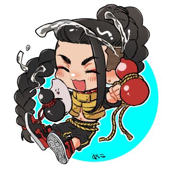 1boy :3 :d ^_^ black_hair black_pants black_shoes braid chibi chibi_only closed_eyes commentary_request eyeshadow gourd holding holding_gourd jacket jamie_siu liquid long_hair makeup male_focus mhmk_game navel official_alternate_costume open_mouth pants red_eyeshadow shoes smile solo street_fighter street_fighter_6 undercut very_long_hair yellow_jacket