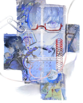 1girl abstract absurdres akemi_homura akemi_homura_(magical_girl) black_hair closed_eyes highres lanmi_lemmy long_hair magical_girl mahou_shoujo_madoka_magica paperclip purple_eyes red-framed_eyewear salamander semi-rimless_eyewear sign solo under-rim_eyewear