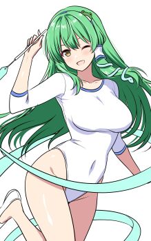Rule 34 | 1girl, absurdres, alternate costume, athletic leotard, blush, breasts, commentary, commission, covered navel, frog hair ornament, green hair, groin, gymnastics, hair ornament, hair tubes, highres, holding, holding ribbon baton, kochiya sanae, large breasts, leg up, leotard, long hair, looking at viewer, open mouth, ribbon, ribbon baton, rise (rise19851203), shoes, single hair tube, skeb commission, smile, snake hair ornament, solo, thighs, touhou, very long hair, white leotard, white shoes, yellow eyes