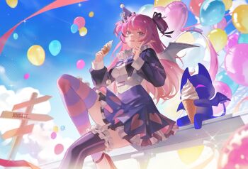 1girl :q against_fence balloon black_hair breasts camila_(vtuber) cleavage_cutout clothing_cutout collar demon_girl demon_tail demon_wings direction_board facial_mark fence food food_on_face frilled_collar frilled_skirt frilled_thighhighs frills hair_ribbon hat high_heels highres holding holding_ice_cream_cone ice_cream ice_cream_cone imp index_finger_raised indie_virtual_youtuber knees_up layered_skirt long_hair long_sleeves looking_at_viewer mismatched_thighhighs multicolored_hair outdoors party_hat pink_hair pointy_ears purple_eyes purple_shrug purple_skirt ribbon shirt shrug_(clothing) sitting skirt sky sleeve_cuffs small_breasts solo streaked_hair striped_clothes striped_thighhighs tail thighhighs tilted_headwear tongue tongue_out two_side_up virtual_youtuber white_hair white_shirt wings xiisalt