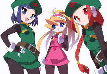 Rule 34 | 3girls, beret, black bodysuit, blonde hair, blue eyes, blue hair, bodysuit, braid, brown eyes, brown hair, ciel (mega man), commentary request, cowboy shot, dress, green dress, green hat, group picture, hat, high ponytail, kaidou zx, long hair, mega man (series), mega man zero (series), multiple girls, pink shirt, pink skirt, ponytail, robot ears, shirt, short hair, simple background, skirt, smile, unnamed female soldier (mega man zero), white background