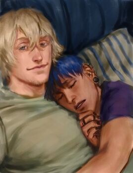 2boys annas_anya black_nails bleach blonde_hair blue_eyes blue_hair closed_eyes commentary couple dark-skinned_male dark_skin ear_piercing english_commentary green_shirt head_on_chest highres kurotsuchi_mayuri lips looking_at_viewer male_focus multiple_boys muscular muscular_male nose on_bed parted_lips piercing pillow purple_shirt selfie shirt short_hair short_sleeves sleeping smile t-shirt teeth upper_body upper_teeth_only urahara_kisuke yaoi