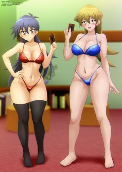 2girls absurdres age_difference antenna_hair black_hair blonde_hair blurry blurry_background blush book bookshelf breasts brown_eyes card chair hand_on_own_hip height_difference highres holding holding_card large_breasts lingerie long_hair looking_at_viewer multiple_girls open_mouth saotome_rei smile standing tenjouin_asuka thighhighs underwear yu-gi-oh! yu-gi-oh!_gx zel-sama