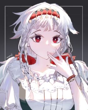 1girl absurdres bright_pupils commentary english_commentary finger_to_mouth gradient_background grey_background hairband hand_up highres inset_border long_hair looking_at_viewer low_twintails outside_border quad_braids red_eyes red_hairband reverse:1999 rubuska shirt solo twintails twitter_username upper_body veren white_hair white_pupils white_shirt